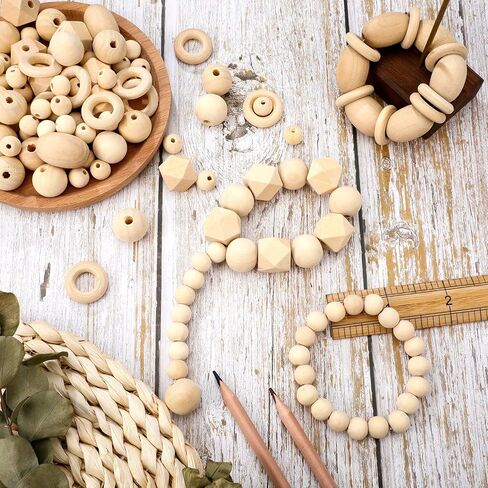 200 Pcs Natural Wood Beads Bulk 4 Styles Round Wood Beads Hexagon Polygon Wooden Beads Bird Toys Spacer Unfinished Geometric Beads for DIY Crafts Garland Jewelry in Saudi Arabia