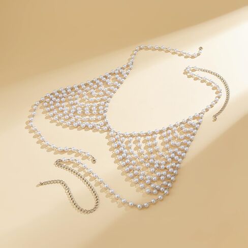 Denifery لؤلؤة الصدرية الجسم سلسلة الطبقات الصدر سلسلة بيكيني الصدرية سلسلة مجوهرات الأزياء الشاطئ حفلة موسيقية الهذيان حزب الصدرية مجوهرات الجسم للنساء والفتيات in Kuwait