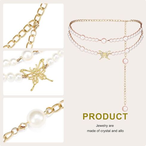 Cosydays Pearl Waist Chain Belt Butterfly Body Chains Harness Layered Belly Chain Party Nightclub Sexy Beach Bikini Chain Body Jewelry for Women and Girls in Saudi Arabia