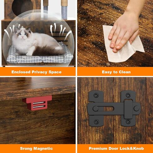 شجرة القطط مع حاوية صندوق فضلات القطط، حاوية صندوق فضلات القطط مع عمود خدش وجثم قطيفة ناعم، أثاث حمام مخفي للقطط مع مقسم، خزانة قطط الكل في واحد، بني ريفي in Kuwait