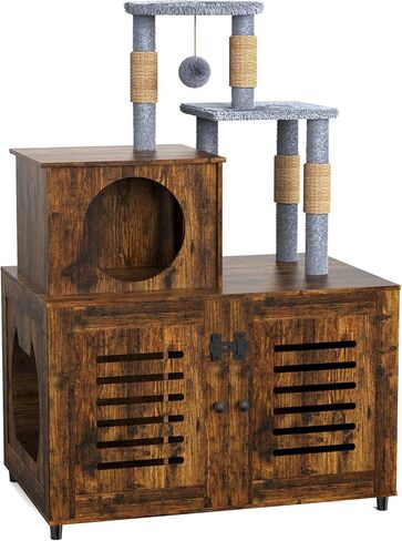 شجرة القطط مع حاوية صندوق فضلات القطط، حاوية صندوق فضلات القطط مع عمود خدش وجثم قطيفة ناعم، أثاث حمام مخفي للقطط مع مقسم، خزانة قطط الكل في واحد، بني ريفي in Kuwait