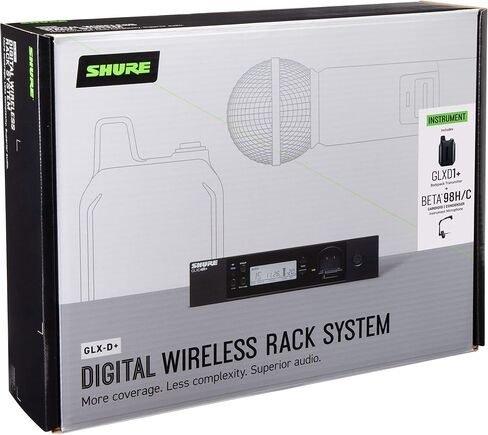 نظام ميكروفون لاسلكي رقمي ثنائي النطاق من Shure GLXD14R+/B98 للنحاس وآلات النفخ الخشبية والإيقاع - عمر بطارية يصل إلى 12 ساعة، نطاق 100 قدم، ميكروفون للأدوات بمشبك، جهاز استقبال مثبت على حامل قناة واحدة in Saudi Arabia
