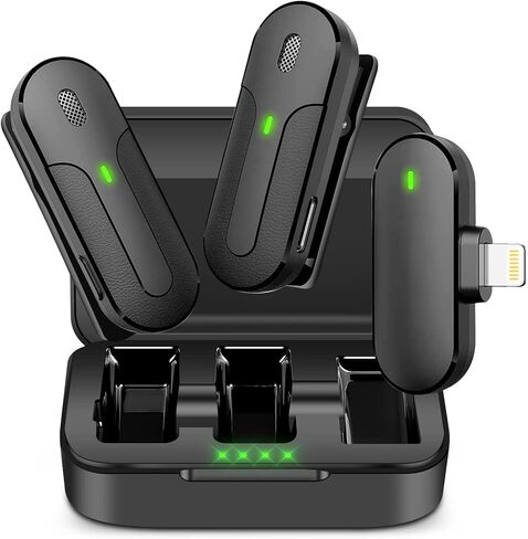 2 ميكروفون لاسلكي Lavalier لجهاز iPhone iPad - Lav Mics طية صدر السترة لتسجيل الفيديو مع علبة البطارية in Kuwait