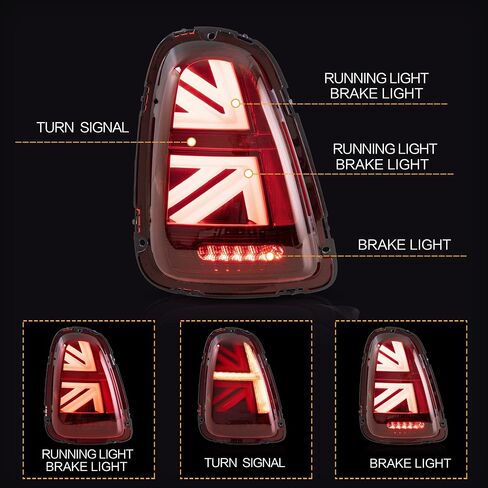 VLAND LED Union Jack Tail lights Fit for Mini Cooper R56 R57 R58 R59 2007-2013 W/Sequential Turn Signal, Running Lights With Breath Effect, Reverse Brake LED Rear Lamp Assembly，Red in Saudi Arabia
