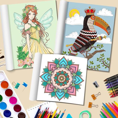 مجموعة 3 كتب تلوين للبالغين للنساء، 60 صفحة تلوين بتصميم الجنيات والحيوانات وكتب تلوين ماندالا لاسترخاء الكبار، كتاب تلوين للكبار، لوازم فنية لتخفيف التوتر in Kuwait