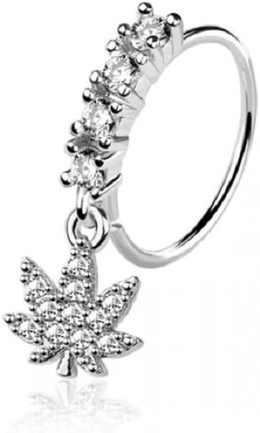 Pierced Owl 20GA 316L Stainless Steel CZ Crystal Lined Hoop with Pot Leaf Charm Bendable Nose Ring in Saudi Arabia