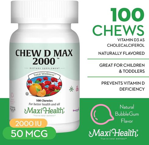 Maxi Health Chewable Vitamin D3 2000 IU Supplement - Delicious Natural Bubble Gum Flavor - Supports Calcium Absorption, Immune and Bone Health in Adult Women, Men, Children & Toddlers - 100 Chews in Saudi Arabia