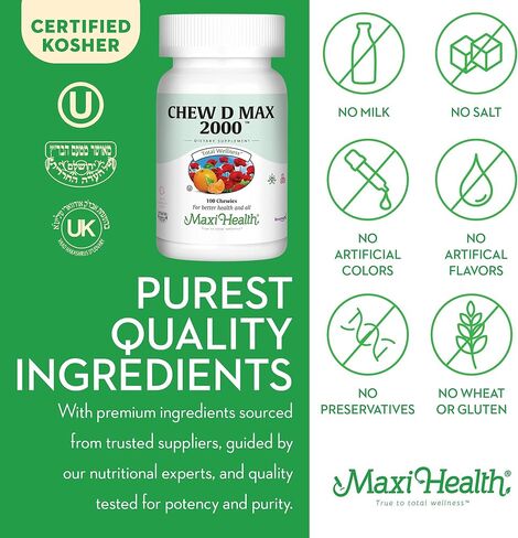 Maxi Health Chewable Vitamin D3 2000 IU Supplement - Delicious Natural Bubble Gum Flavor - Supports Calcium Absorption, Immune and Bone Health in Adult Women, Men, Children & Toddlers - 100 Chews in Saudi Arabia