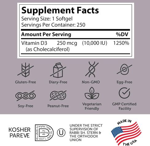 Zahler - Advanced Vitamin D3 10,000 IU Softgels (120 Count) Kosher Vegetarian Friendly Vitamin D for Immune Support, Bone, Teeth & Muscle Health - Daily D3 Vitamin Supplement for Adults - Easy Swallow in Saudi Arabia