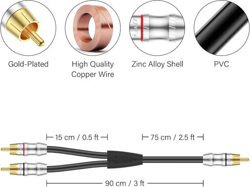 كابل J&D RCA، 1 RCA ذكر إلى 2 RCA ذكر Y-Splitter كابل صوت ستيريو رقمي سلك مضخم صوت لمضخم الصوت، المسرح المنزلي، 6 أقدام in Kuwait