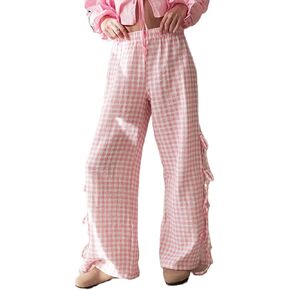 النساء Y2k مخطط طباعة السراويل عادية فضفاضة تناسب ارتفاع الخصر الرباط واسعة الساق البوب ​​السراويل خمر الشارع الشهير صالة السراويل in Kuwait