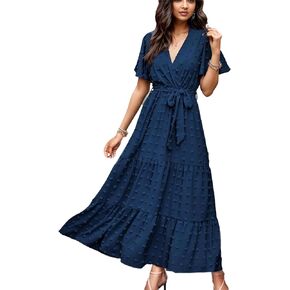 kinstell Women's 2024 Floral Summer Dress Wrap V Neck Short Sleeve Belted Ruffle Hem A-Line Bohemian Maxi Dresses