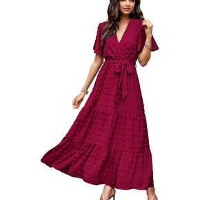 kinstell Women's 2024 Floral Summer Dress Wrap V Neck Short Sleeve Belted Ruffle Hem A-Line Bohemian Maxi Dresses