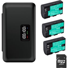 3 Pack LP-E6 LP-E6N Battery with LCD Charger Compatible for Canon 5D Mark II III IV, 5Ds 6D 70D 60D 80D 90D Card Reading Functions