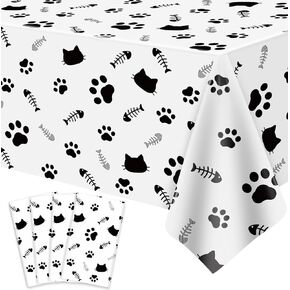 4 Pack Cat Tablecloth Paw Print Tablecloth Cat Themed Table Cover Cute Cats Plastic Tablecover Bone Sign Table Cloth Cat Party Supplies Cat Birthday Decorations Kitty Theme Birthday Decor 86 x 51 Inch