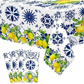 Nefelibata Lemon Tablecloth ديكورات حفلات أعياد الميلاد، 3 قطع من أغطية الطاولات البلاستيكية المصنوعة من البلاط الأزرق للاستعمال مرة واحدة لحفلات الزفاف وحفلات استقبال الأطفال والمطبخ لفصل الصيف والربيع ومستلزمات الحفلات ذات الطابع الإيطالي 42 * 88 بوصة
