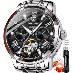 OLEVS Mens Automatic Watches Gold Luxury Diamond Dress Self Winding Mechanical Skeleton Tourbillon Stainless Steel Wrist Watch