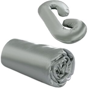 Silky Satin Pregnancy Pillow Cover (ONLY Pillowcase), C Shaped Large Luxurious Smooth Maternity Pillow Cover with Hidden Zip, Soft & Breathable Pillow Protector for Side Sleeper,Light Grey