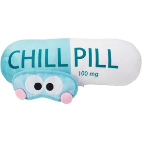 Chill Pill Pillow & Sleep Eye Mask Bundle - Funny & Cute Pill Shape Plush Pillow for Decor and Relaxation Idea for Teens, Students, Nurses, Doctors - 16.5" L x 5.5" W