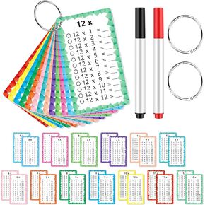 1 set of 13 Multiplication flashcard Tabla de multiplicar Math game Times table flash cards with 2 Dry erase markers and 2 Rings for 1st to 3rd Grade Kids Fun Math Classroom Learning Supplies