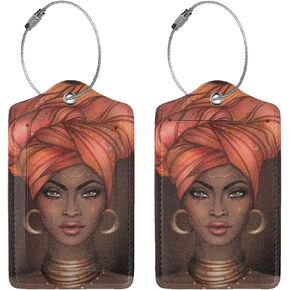 African American Girl Pattern 2 PCS Luggage Tags Privacy Name ID Card Baggage Labels with Stainless Steel Loop PU Leather for Travel Suitcase Bag
