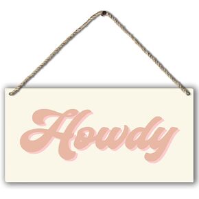 Retro Western Howdy Pink Beige Preppy Boho Printed Wood Plaque Sign Wall Hanging,Rustic Howdy Hanging Wall Signs for Western Home College Dorm Decor 12 x 6 Inches