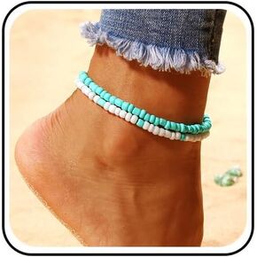 Turquoise Ankle Bracelets Layered Beaded Chain Ankle Summer Beach Turquoise Foot Anklet Chain Handmade Blue White Beads Foot Chain Jewelry for Women and Girls