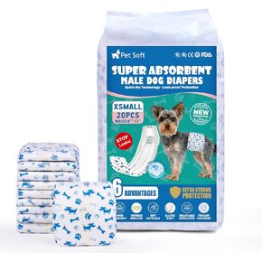 Pet Soft Male Dog Diapers - Disposable Male Dog Wraps Wetness Indicator, Puppy Diapers Male for Excitable Urination or Incontinence, 50pcs XSmall