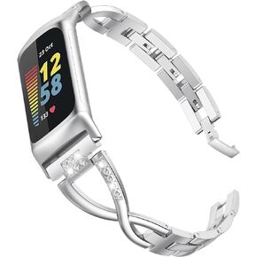 Wearlizer Compatible with Fitbit Fitbit Charge 6/Charge 5 Bands for Women Metal Replacement Cute Band Strap with Bling Rhinestone Bracelet Bangle for Fitbit Charge 6/Charge 5, Silver