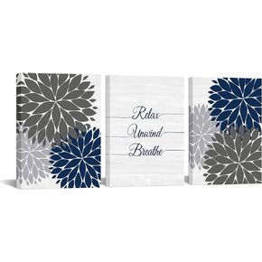 iHAPPYWALL 3 Pieces Relax Unwind Navy Bathroom Wall Art Blue and Grey Bath Flowers Funny Bathroom Sign Art Print for Spa Yoga Bedroom Wall Decor Ready to Hang 12x16inchx3pcs