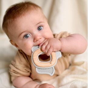 Nuby Natural Wood & Silicone Teether: Elephant, 3M+, Gray (80802)