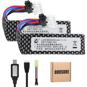 2 pcs 11.1V 2000mAh 501855 Soft-Gun Toy Rechargeable Li-ion Batteries SM2P Plug with a USB Charging Cable for WPL RES V-3 ESC 1/16 Crawler and Some Water-Gun Toy