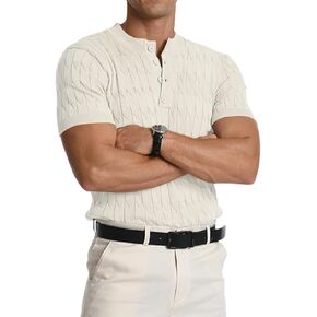 MLANM Men's Knitted Henley Shirts Short Sleeve Slim Fit Summer Fashion T-Shirts