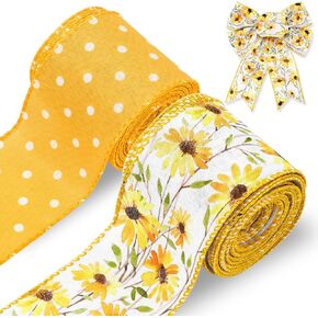 AnyDesign Daisy Dots Wired Edge Ribbon Yellow White Craft Ribbon Spring Summer Flower Fabric Ribbon for Wreath Bow Making DIY Crafts Wrapping Party Decor Supplies, 2 Rolls, 20 Yard