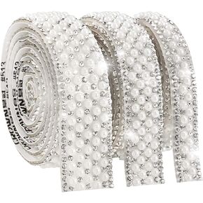 BLMHTWO 3 Rolls Rhinestone Ribbon, Self Adhesive Rhinestone Strips DIY Diamond Ribbon Stickers Bling Pearl Stickers Decoration Rhinestone Strips for Wedding Phone Car Arts Crafts(80cm/31.49in)