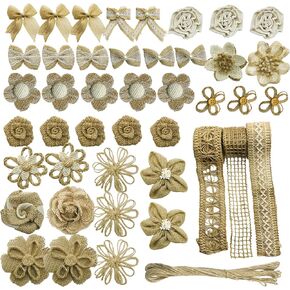 Allazone 46 PCS Natural Burlap Flowers Set, 3 Rolls Lace Burlap Ribbon and 40 PCS Handmade Burlap Rose Flowers, Twine Ribbon and Glue Point for DIY Craft Wedding Party Gift Decor