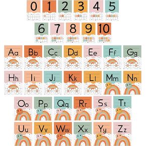 AnyDesign 37Pcs Groovy Boho Alphabet Number Bulletin Board Set with Glue Points A-Z Alphabet Card and 0-10 Number Posters for Back to School Preschool Kindergarten Classroom and Teachers Wall Decor