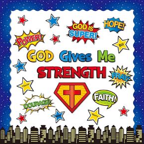 Hero Christian Bulletin Board - 87Pcs Back to School Bible Verse God Gives Me Strength Classroom Decoration, Hero Theme Stars Cutouts Buildings Border Trim for Church Preschool Chalkboard