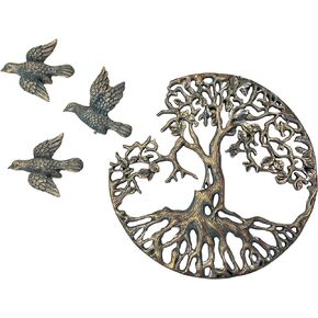 Top Brass Tree of Life Wall Plaque with 3 Free Flying Birds Decorative Celtic Spiritual Garden Art Sculpture