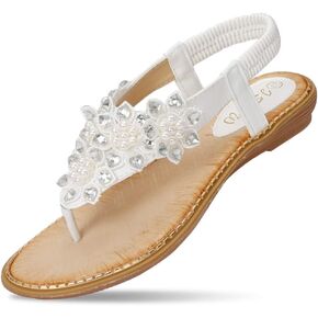 CARETOO Women's Bohemia Flat Sandals, Ladies Summer Beach T-Strap Flip Flop Sparkling Rhinestone Walking Shoes Casual