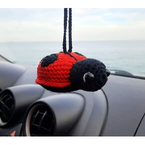 Ladybird Crochet Handmade, Rearview Mirror Charm, Car Decor Aesthetic Pendant Car Interior Ornament for Gifts.