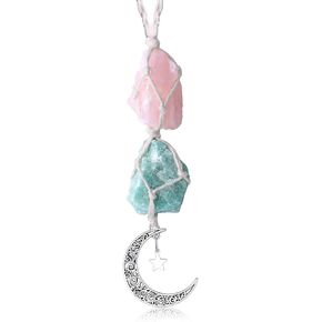 Car Charm Crystal Hanging Accessories Rose Quartz and Amazonite Rearview Mirror Decorations Healing Dangling Moon Star Handmade Hanging Ornaments Bohemian Home Decor