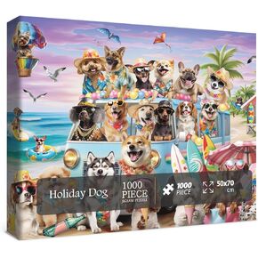 Funny Dog Puzzle Beach Dogs Puzzles 1000 Pieces for Adults, Animal Jigsaw Puzzles for Adults Vacation, Holiday Puppy Bulldog Jigsaw Puzzle Family Collage Puzzles as Home Decor