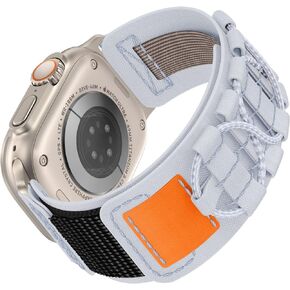 FULLIFE Compatible with Apple Watch Ultra 2 Band 49mm 45mm 44mm 42mm for Men, Rugged Nylon Bands Sport Solo Loop Velcro Woven Strap for iWatch Series 9 8 7 SE 6 5 4 3 2 1 Ultra/Ultra 2, White Grey