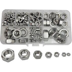 Tom's World 170 قطعة M3 M4 M5 M6 M8 M10 M12 مجموعة متنوعة من صواميل سداسية من الفولاذ المقاوم للصدأ 304(18-8) صامولة سداسية مترية، لمسة نهائية لامعة، خيط كامل (جوز إدراج من النايلون) in Kuwait