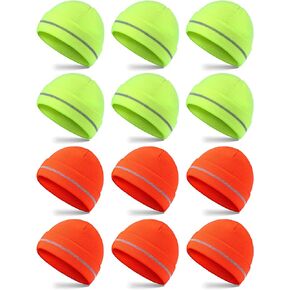 Handepo Reflective Knit Beanies Safety High Visibility Hats Warm Winter Reflective Hat Cold Weather Construction Cap for Men Running Work(Fluorescent Yellow, Fluorescent Orange, 12 Pcs)