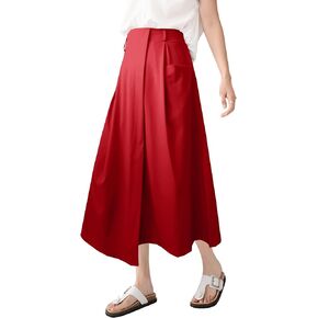 Women's High Waist Elastic Waist A-Line Midi Skirt with Pockets