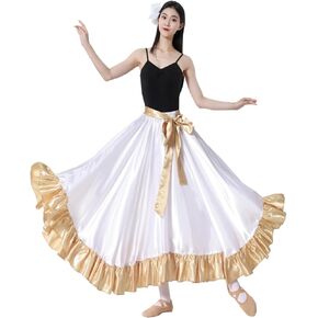 تنورة طويلة من الساتان الأبيض للكبار بدائرة كاملة للرقص مع كشكشة ذهبية in Kuwait