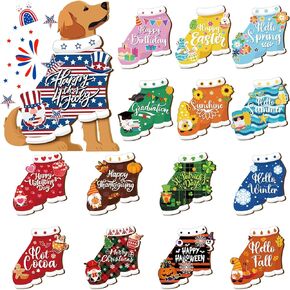 Barydat 16 Pcs Interchangeable Seasonal Dog Welcome Sign for Fall Thanksgiving Christmas Replaceable Rustic Front Door Porch Decor Wooden Dog Ornaments for Housewarming Gifts Wall Decor(Dog)