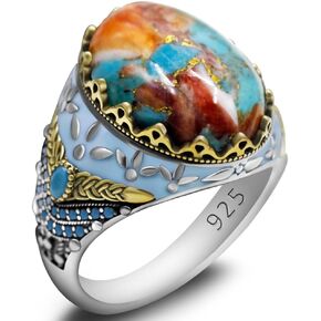 S925 sterling silver men's ring inlaid with 13 * 18 black agate stone, red zircon, purple zircon, green agate stone, green pine stone, lapis lazuli, multi-color Turkiye style fashion jewelry